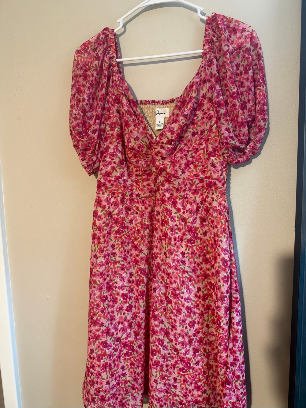 Pink Floral Women’s Dress with Puff Sleeves